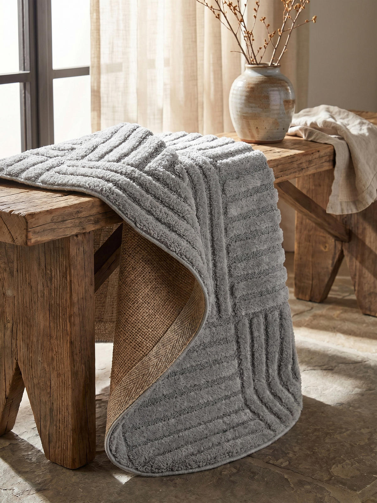 TEPPICH Hochflor RIGI in Silber, mit Cord-Streifen-Patchwork, Ø 200 cm - Silberfarben, Textil (200/200cm) - KADIMA DESIGN