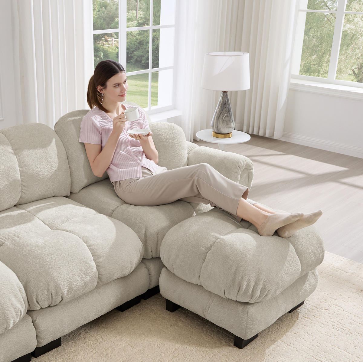 SOFA Modulares Ecksofa mit Ottomane Chenille Hell Khaki - Hellbraun, Holz (149/190cm) - Meubliv