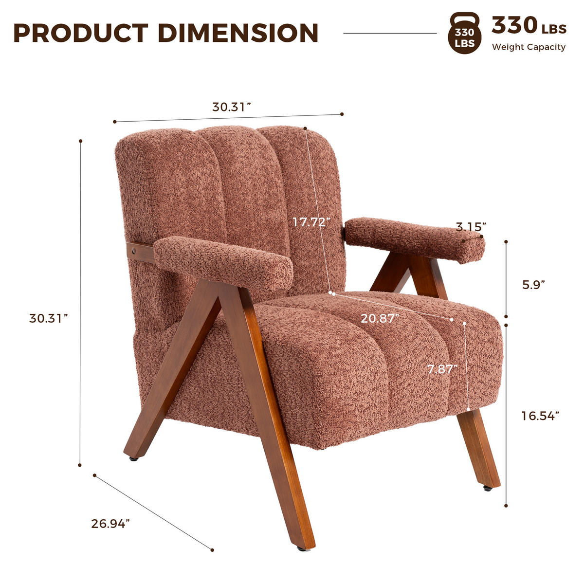 FÅTÖLJ i Bouclé och Ekträ, modern accentstol - Rostfärgad, Trä (77/77/68.5cm) - Urban Meuble