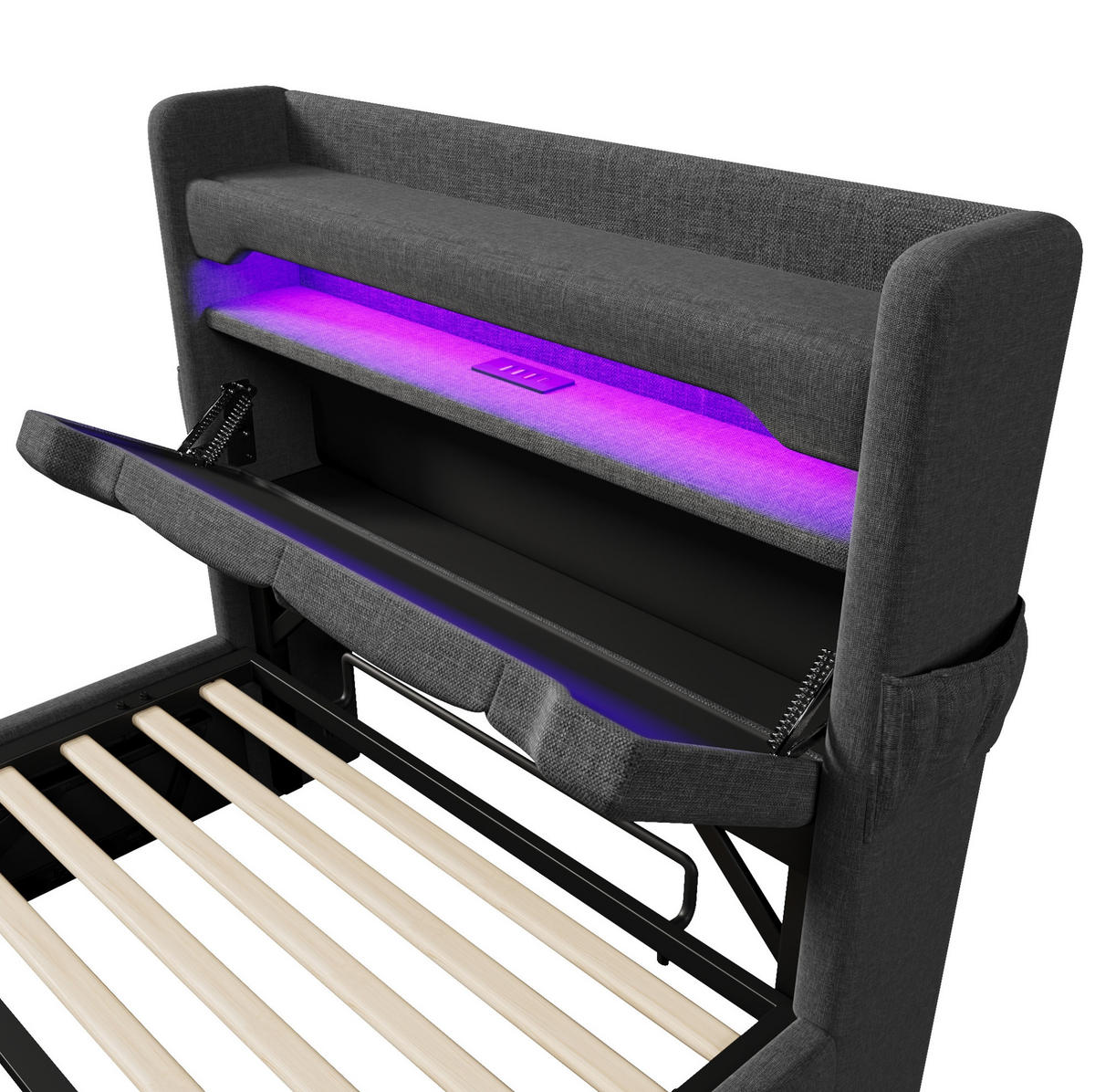 POLSTERBETT 90/200 cm Grau aus Leinen mit LED und Stauraum - Grau, Textil (90/200cm) - OKMYHOME