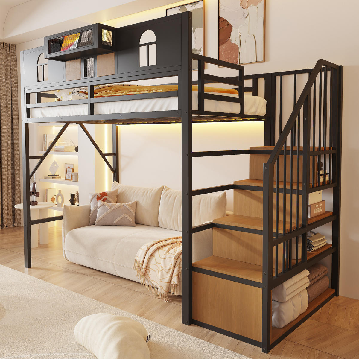 HOCHBETT 90/200 cm in Schwarz mit Ablagefach, Stauraumleiter und Lichtleiste aus Metall und MDF - Schwarz, Metall (90/200cm) - STILVORA