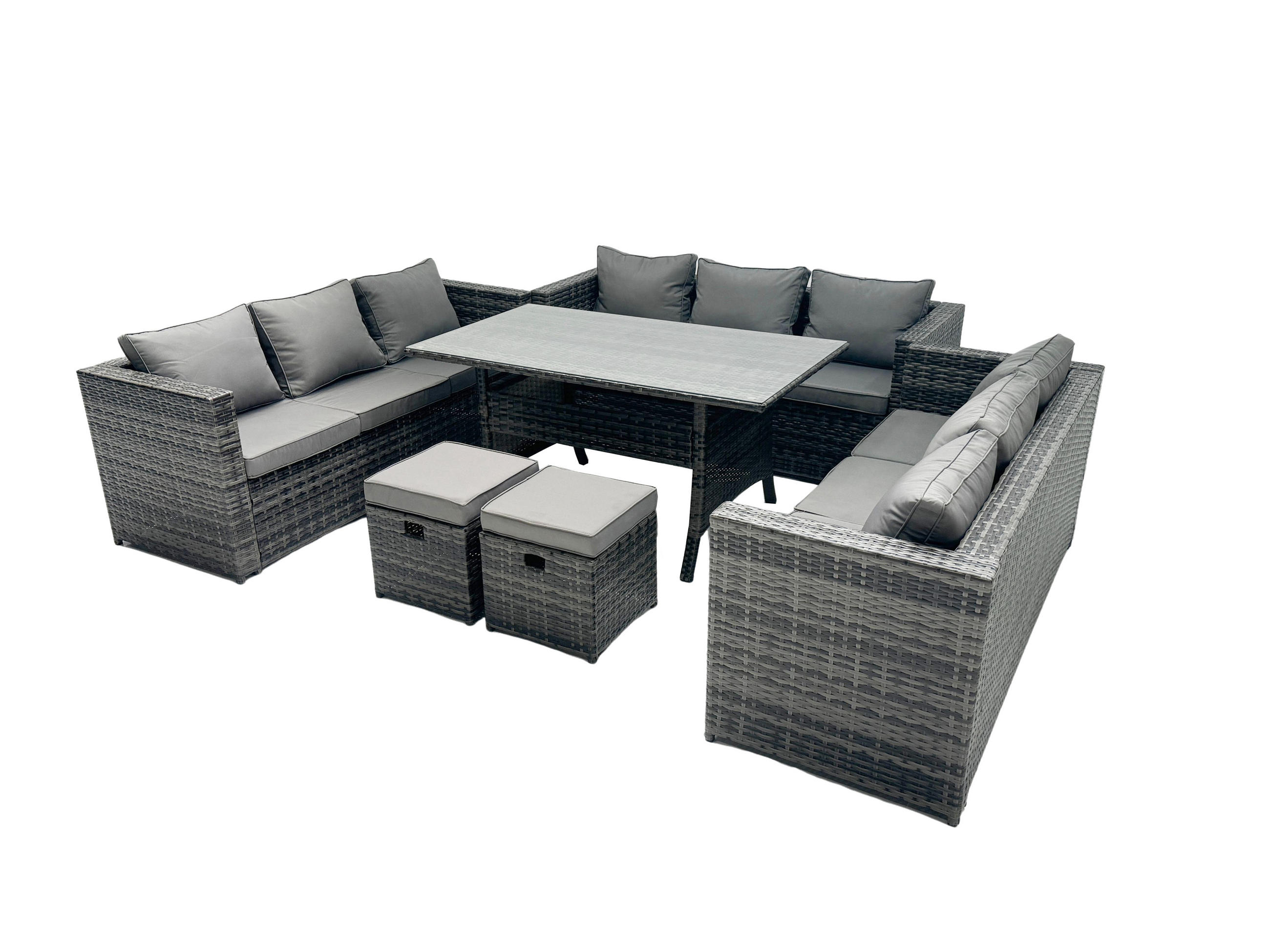 GARTENMÖBEL SET mit Hocker,Esstisch Polyrattan 11-Sitzer - Dunkelgrau/Grau, Glas/Kunststoff - Fimous