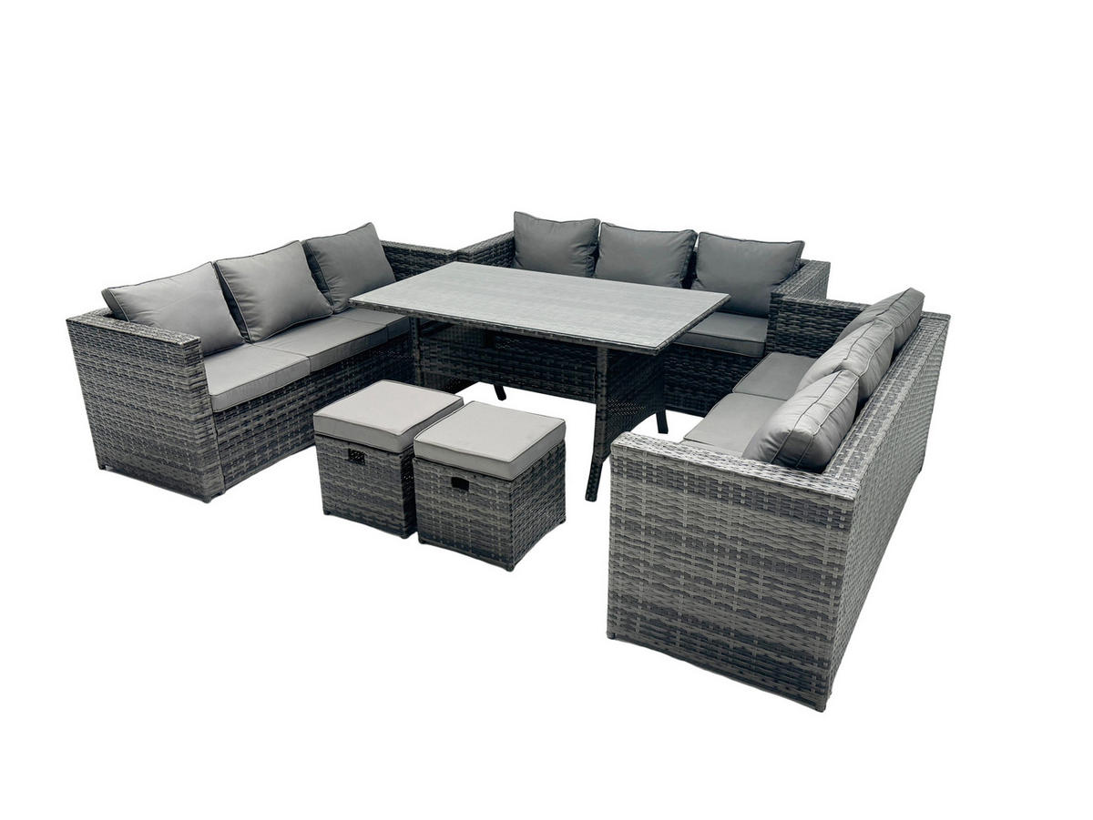 GARTENMÖBEL SET mit Hocker,Esstisch Polyrattan 11-Sitzer - Dunkelgrau/Grau, Glas/Kunststoff - Fimous