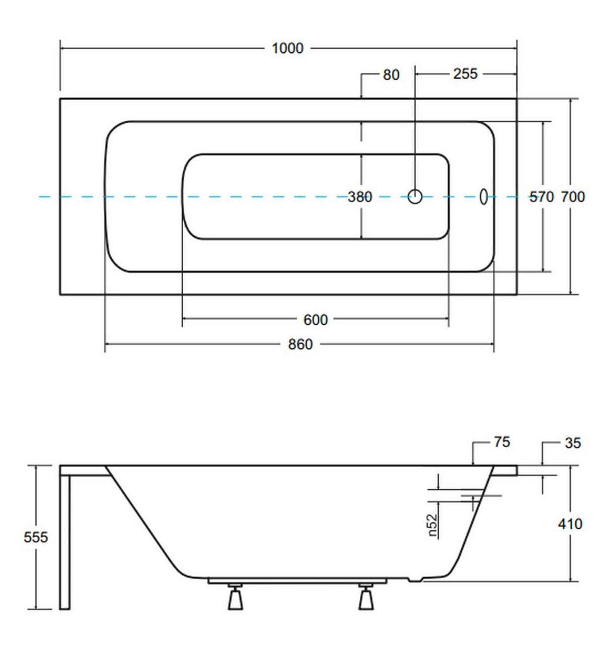 BADEWANNE Rechteck TALIA 100/70 + Badewannenablage + Kopfstütze Ablauf Füße - Weiß, Kunststoff (70/55.5/100cm) - bad land