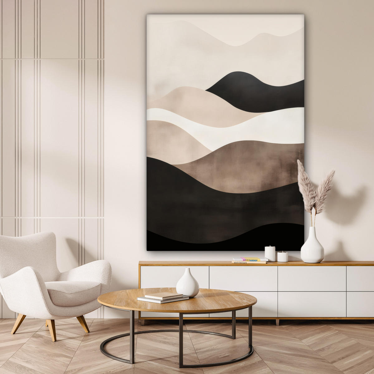 OBRAZ NA PLÁTNĚ Abstraktní - Krajina - Vlny - Krémová barva 90x140 cm - kapučínová, textil (90/140cm) - MuchoWow