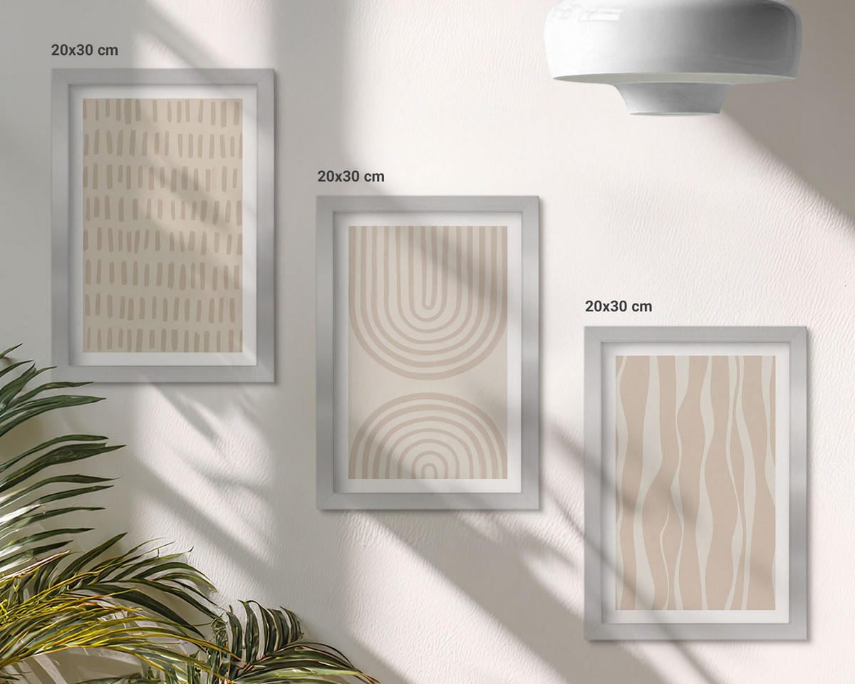 WANDBILDER 3er Set - 20x30 cm Silberner Rahmen - Abstrakte beige Muster - Silberfarben, Kunststoff (20/30cm) - ArtPrintCave