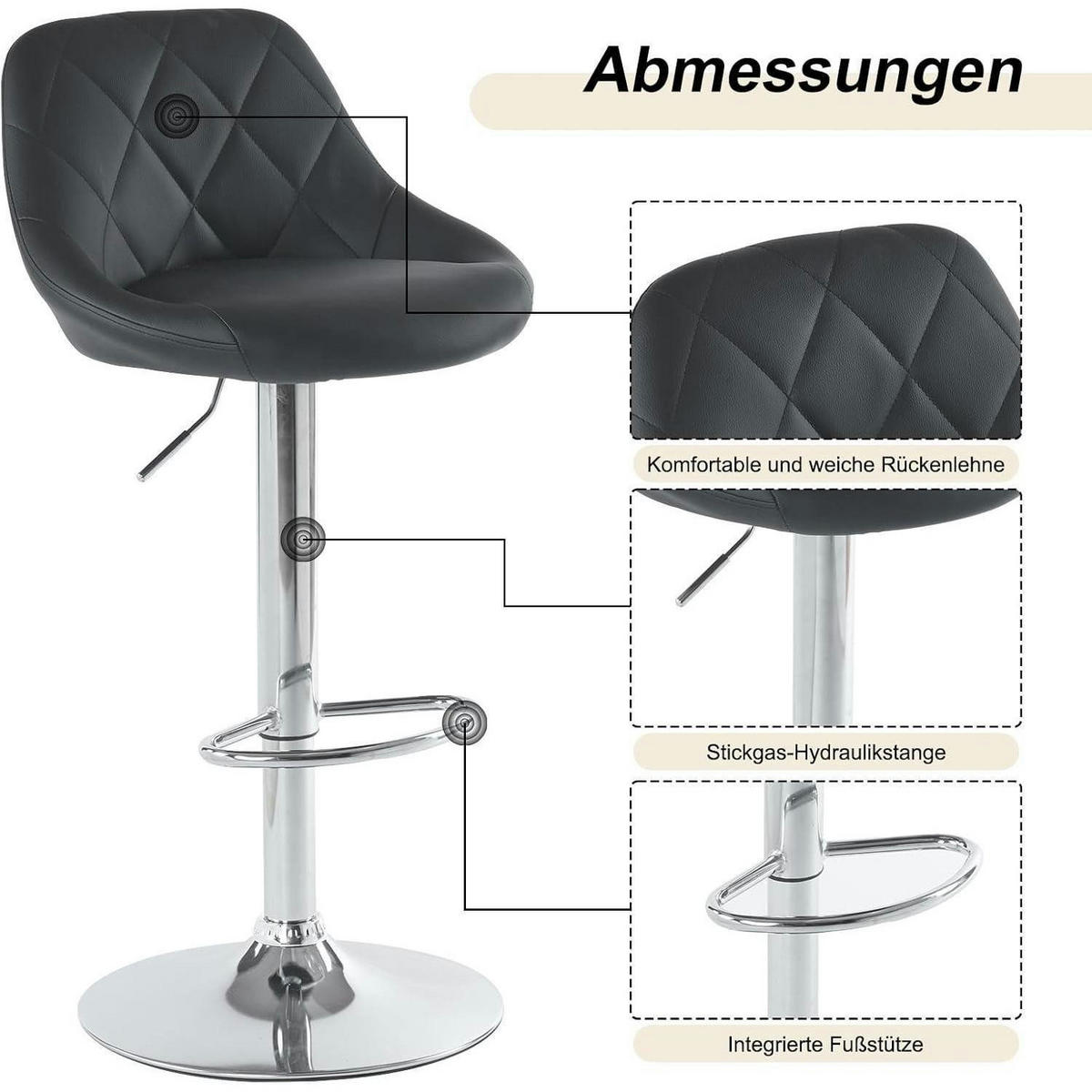 BARHOCKER 2er Set höhenverstellbar, drehbar, mit Rückenlehne aus PU in Schwarz - Schwarz, Kunststoff (40/83/40cm)