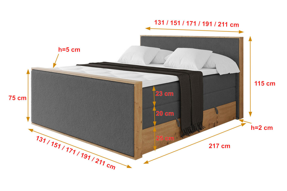 BOXSPRINGBETT LOLLI9 -Z-KING 200x200 - H3/H4 Dunkelgrau - Graphitfarben, Holzwerkstoff (200/200cm) - ALTDECOR