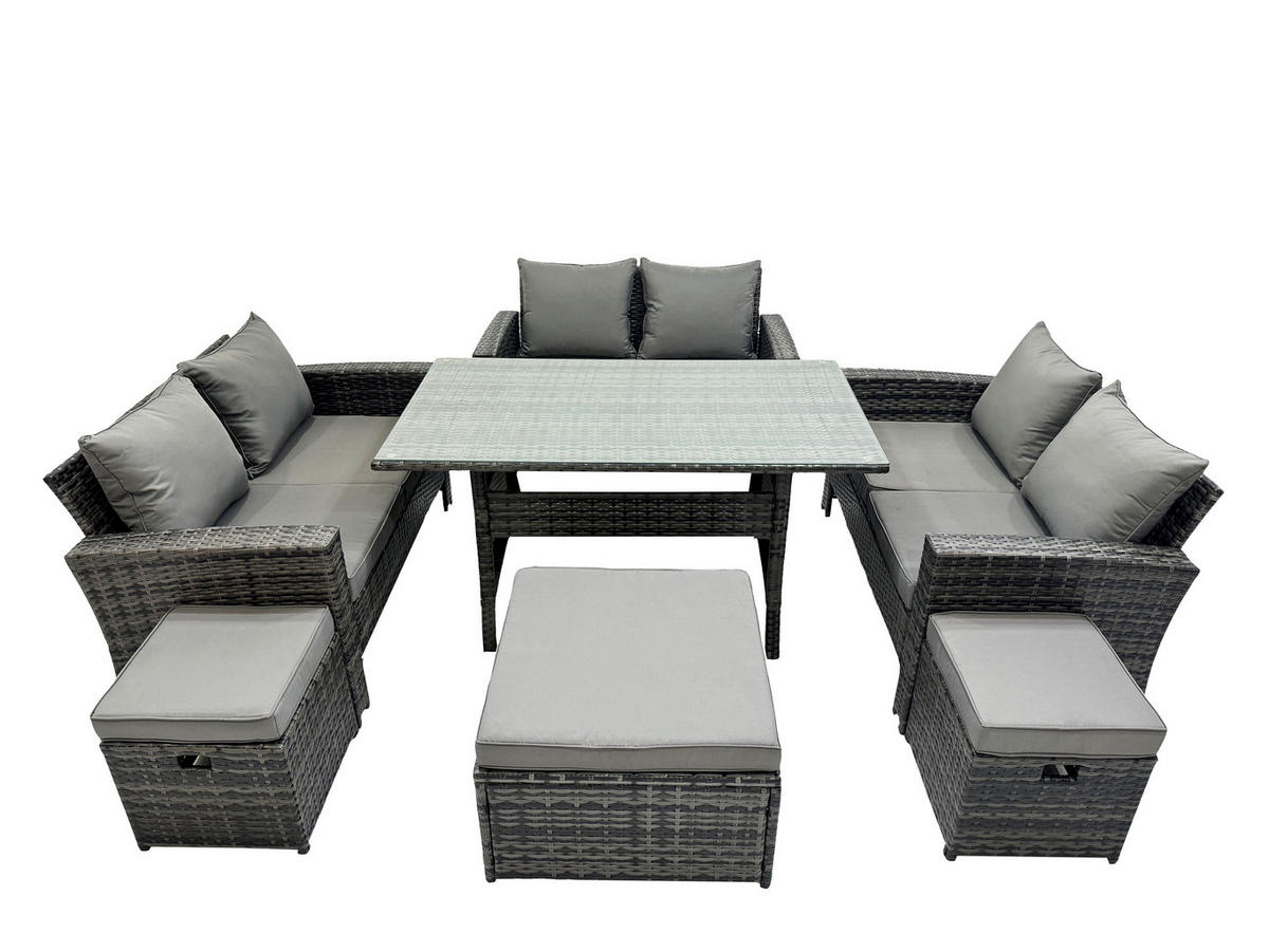 GARTENMÖBELSET mit Zweisitzer,3 Hockern,Esstisch Polyrattan Dunkelgrau 9-Sitzer - Dunkelgrau/Grau, Glas/Kunststoff - Fimous