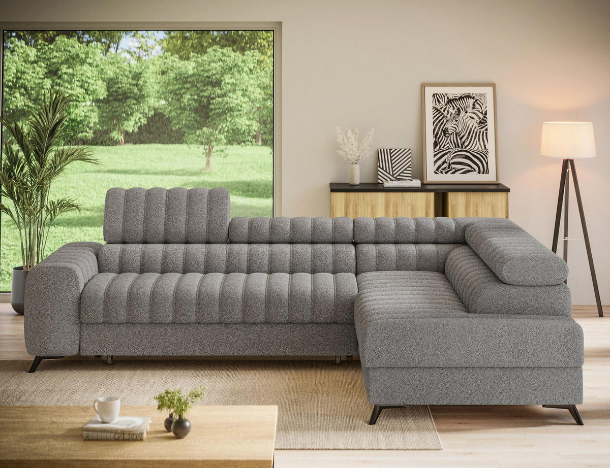 KANEDO Ecksofa mit Schlaffunktion und Bettkasten – Modernes Designsofa, verstellbare Kopfstützen, Metallfüße - Grau, Kunststoff (269/86cm) - Wohnideebilder