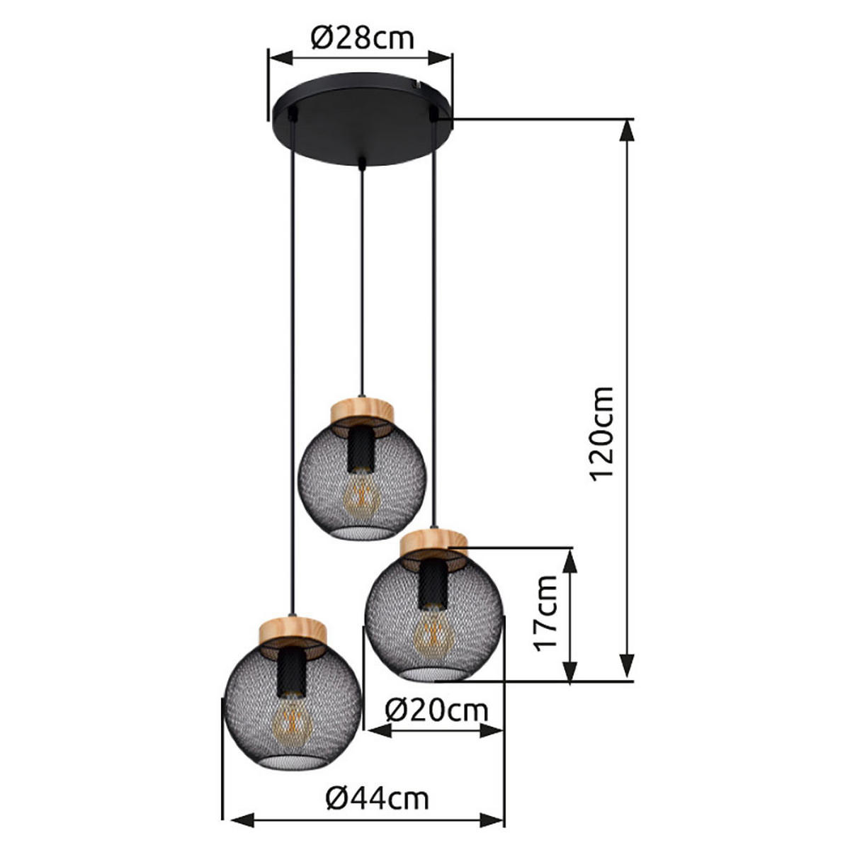 HÄNGELEUCHTE Metall Schwarz Drahtgeflecht - Schwarz, Holz (44/44/120cm) - Globo Lighting
