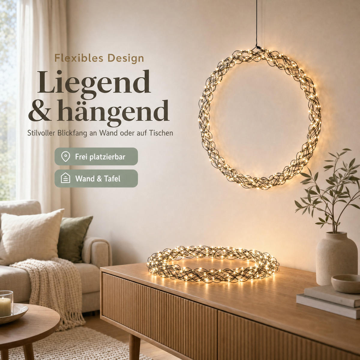 XXL-LED-LICHTKRANZ - 1000 Micro LEDs warmweiß mit Timerfunktion und IP44 für Innen- und Außenbereich, 50 cm - Schwarz, Metall (50/5/50cm) - Northpoint
