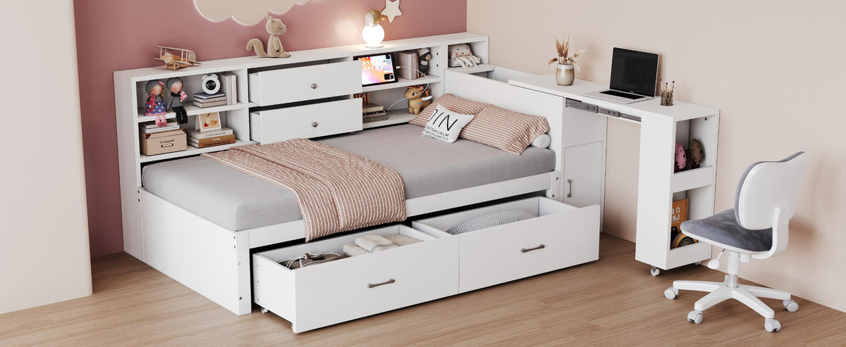 BETT 90/200 cm Weiß aus Holz mit Stauraum und ausziehbarem Schreibtisch - Weiß, Holz (90/200cm) - OKMYHOME