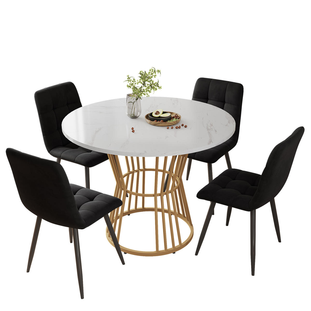 ESSTISCHSET 5-Teilig Mit 4 Stühlen, Rund 100 Cm, Weiß, Schwarz Samt - Schwarz, Holzwerkstoff (100/75/100cm) - FLIEKS