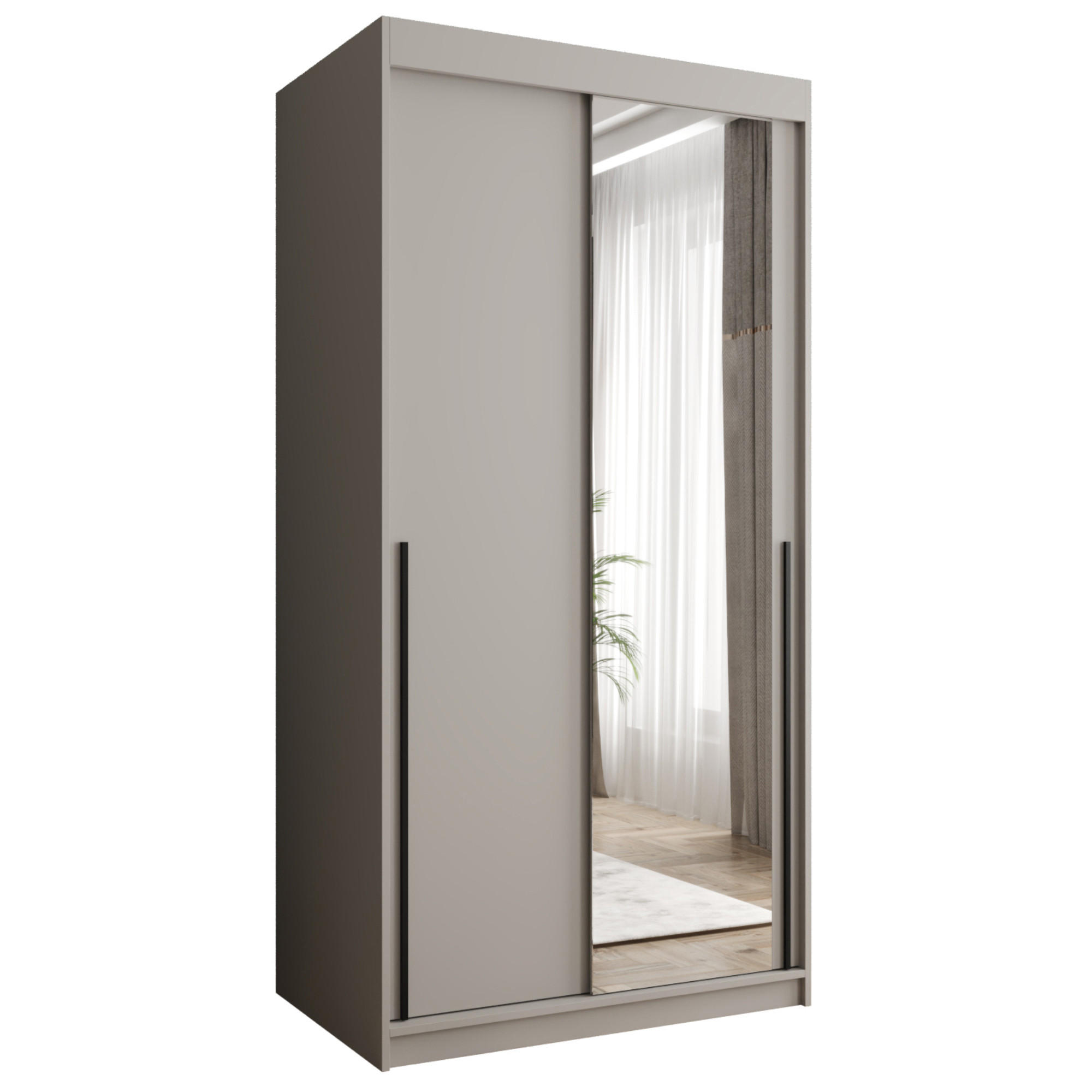 SCHIEBETÜRENSCHRANK mit Spiegel 100 cm Breite Kaschmir mit schwarzem Griff - Kaschmir/Schwarz, Holzwerkstoff (250/200/62cm) - Home Collective