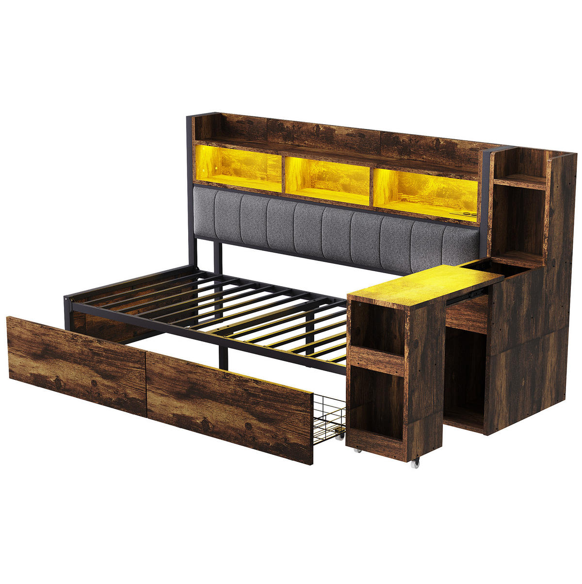 MULTIFUNKTIONSBETT 90/200 cm mit Schreibtisch und Stauraum Holzfarbe aus Metall - Naturfarben, Metall (90/200cm) - OKWISH