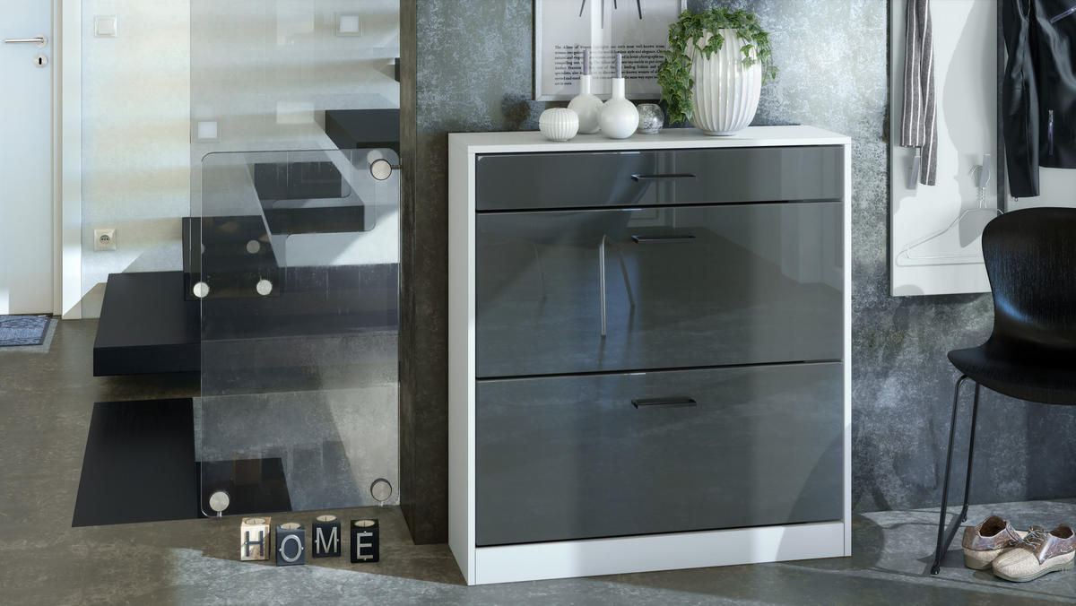 SCHUHSCHRANK Elvas Front in Grau Hochglanz - Grau, Holzwerkstoff (89/95.5/27cm) - Vladon