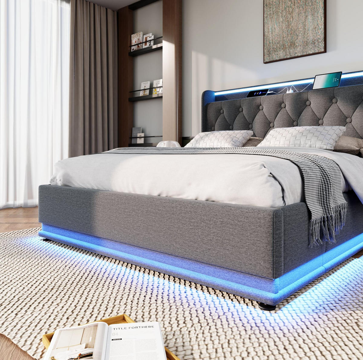 POLSTERBETT 140/200 cm Grau aus Leinen mit LED und Stauraum - Grau, Textil (140/200cm) - OKMYHOME