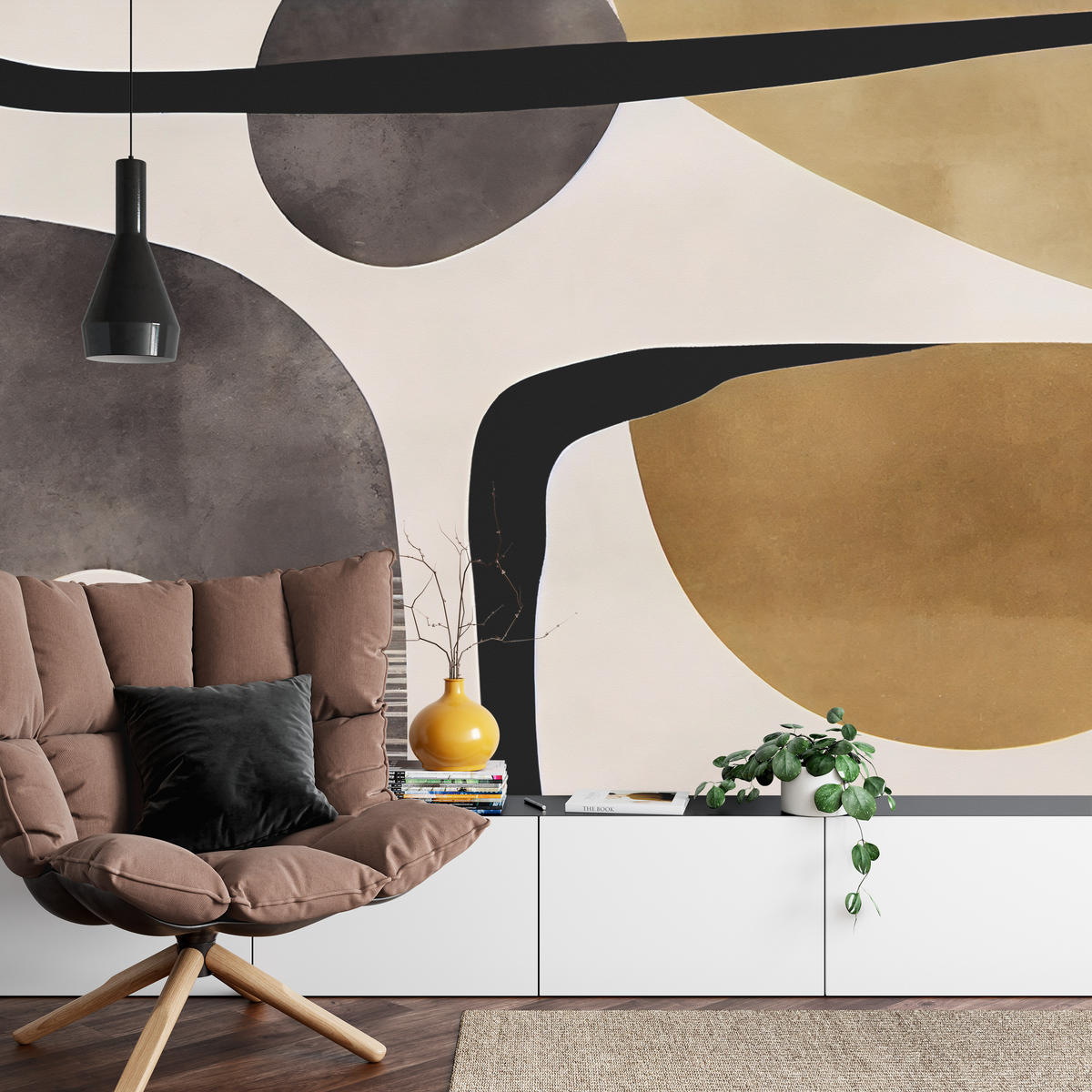 FOTOTAPETE für Wohnzimmer Retro Geometrische Formen Vintage 300x210 - Beige/Schwarz, Papier (300/210cm) - Muralo