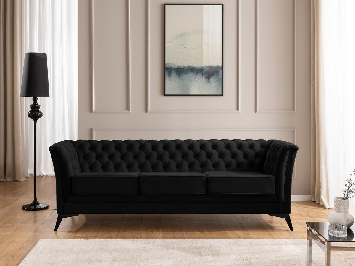 SITZGARNITUR 3+2+1 Chesterfield Whitby Schwarz Samt mit schwarzen Füßen - Schwarz, Holz/Textil (237/78/82cm) - S-Style Möbel