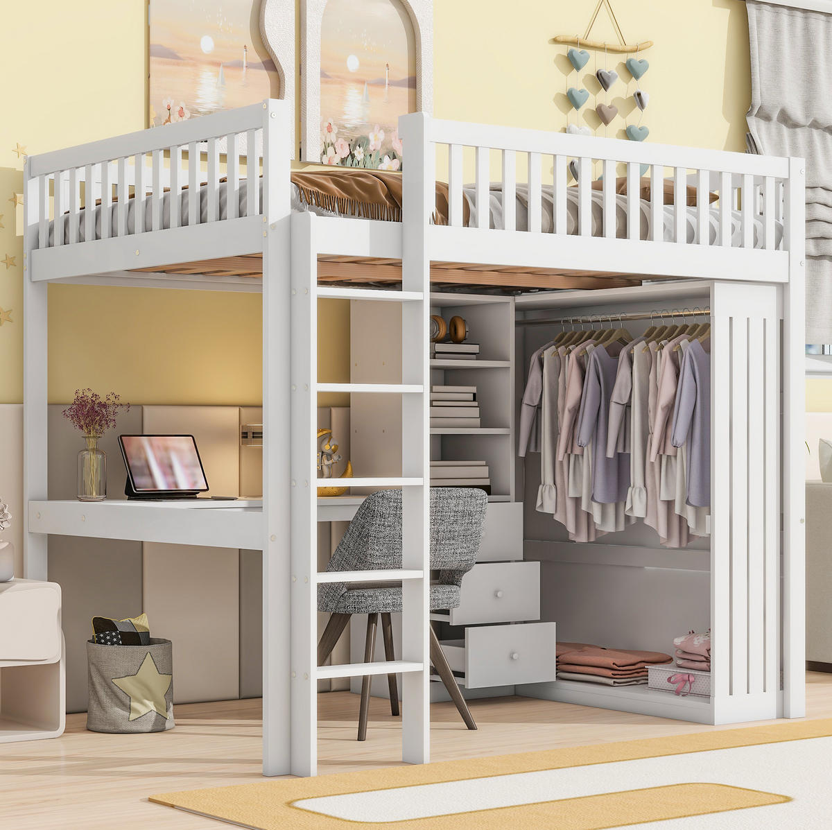 HOCHBETT 140/200 cm mit Schreibtisch, Kleiderschrank, 3 Schubladen und Treppe, Weiß - Weiß, Holzwerkstoff (140/200cm) - Redom