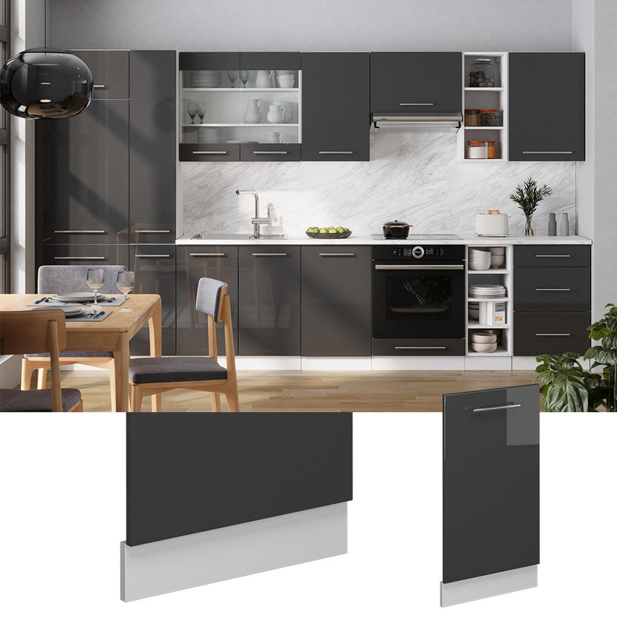SPREDNJA PLOŠČA POMIVALNEGA STROJA Fame-Line Antracit z visokim sijajem 45 cm , DP Antracit - črna/bela, leseni material (45/81.8/1.6cm) - Vicco