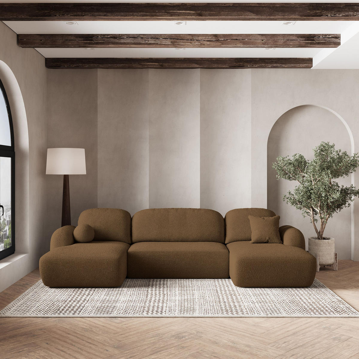 ROHOVÁ SEDAČKA SAVONA hnědá - černá/hnědá, dřevo/textil (320/148cm) - MASSENO