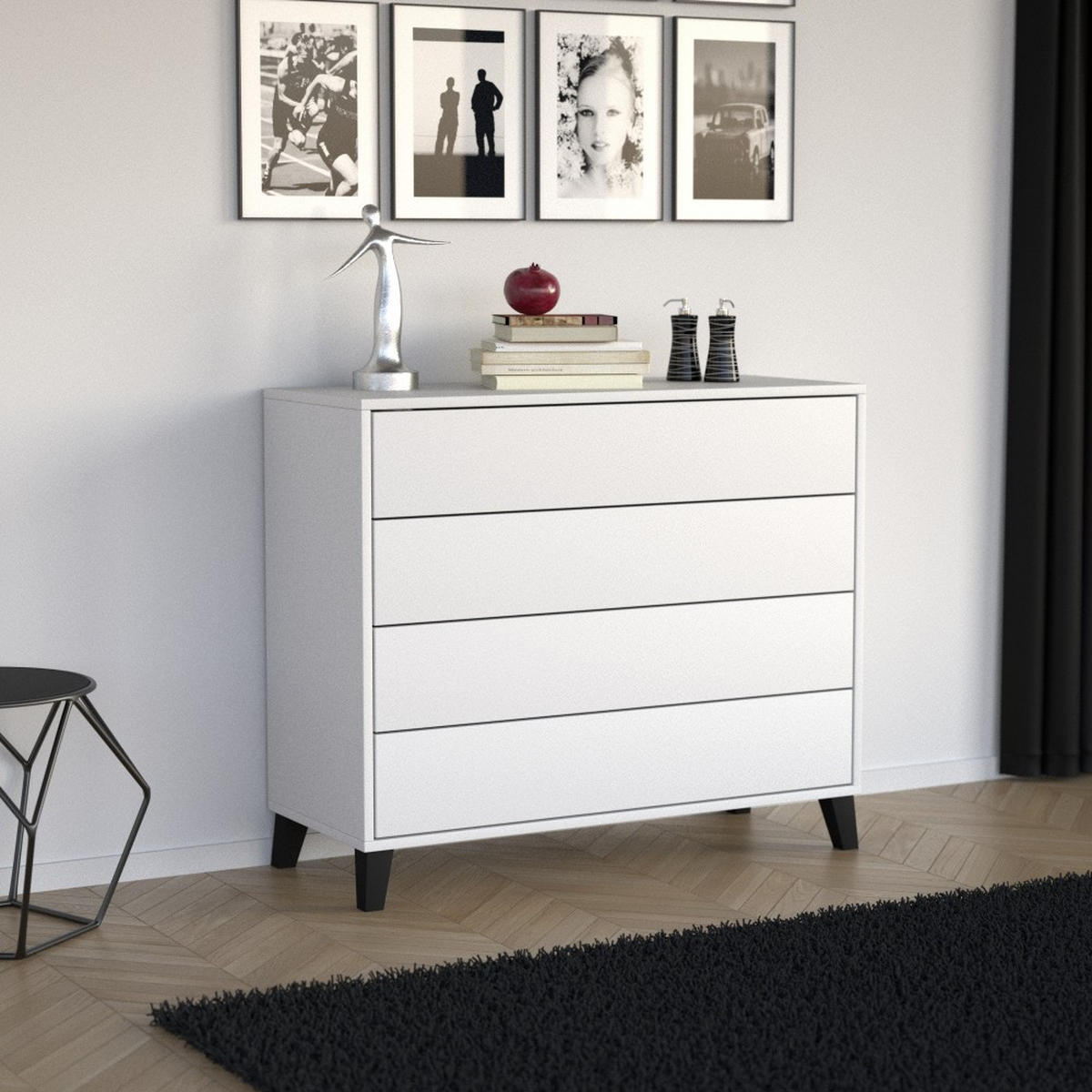 KOMMODE Home mit 4 Schubladen, 80 cm, ohne Griffe, Weiß - Schwarz/Weiß, Holzwerkstoff (80/85/40cm) - Beautysofa