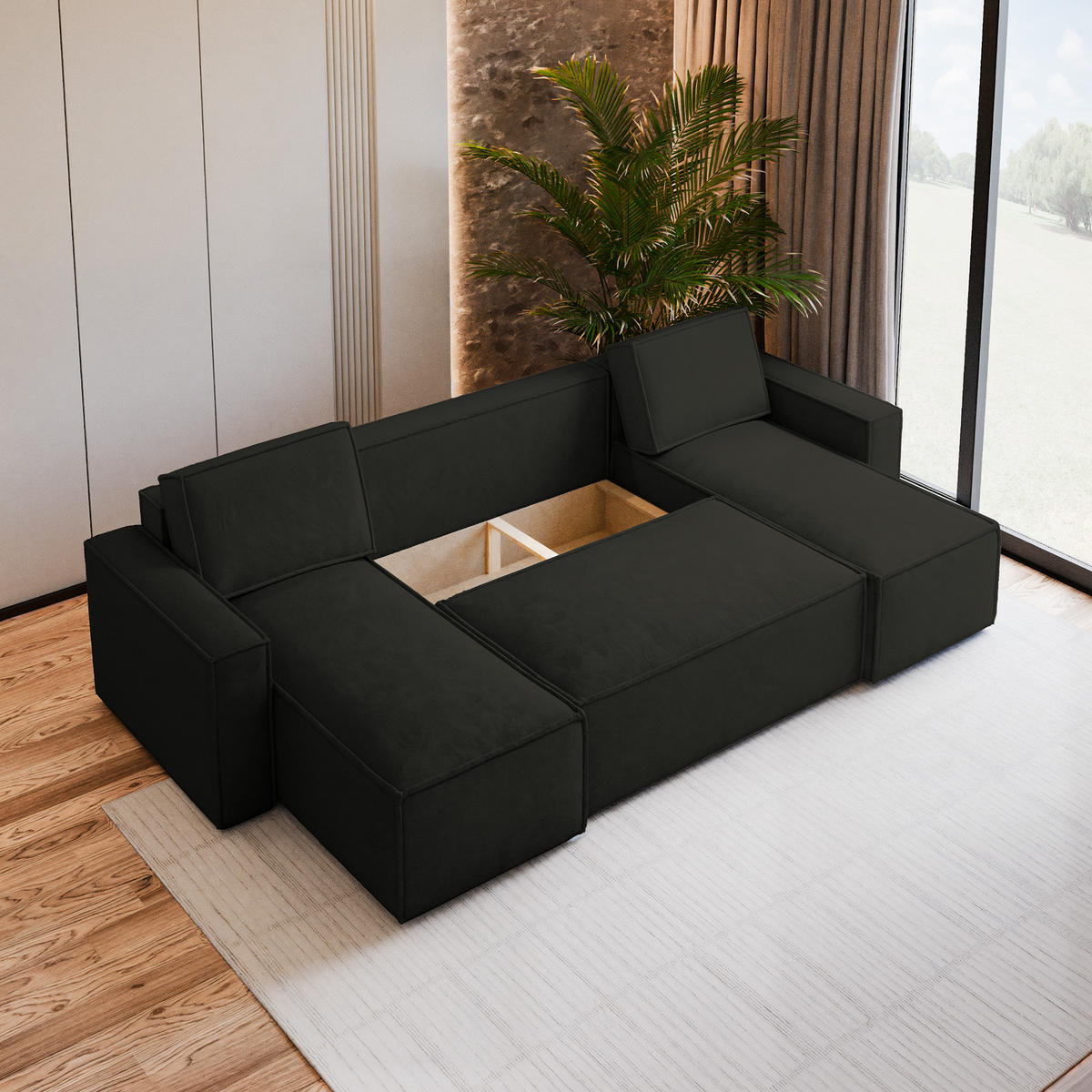 WOHNLANDSCHAFT PESANO M Schwarz Velours-Stoff mit Schlaffunktion - Schwarz, Holz (306/85/140cm) - MASSENO