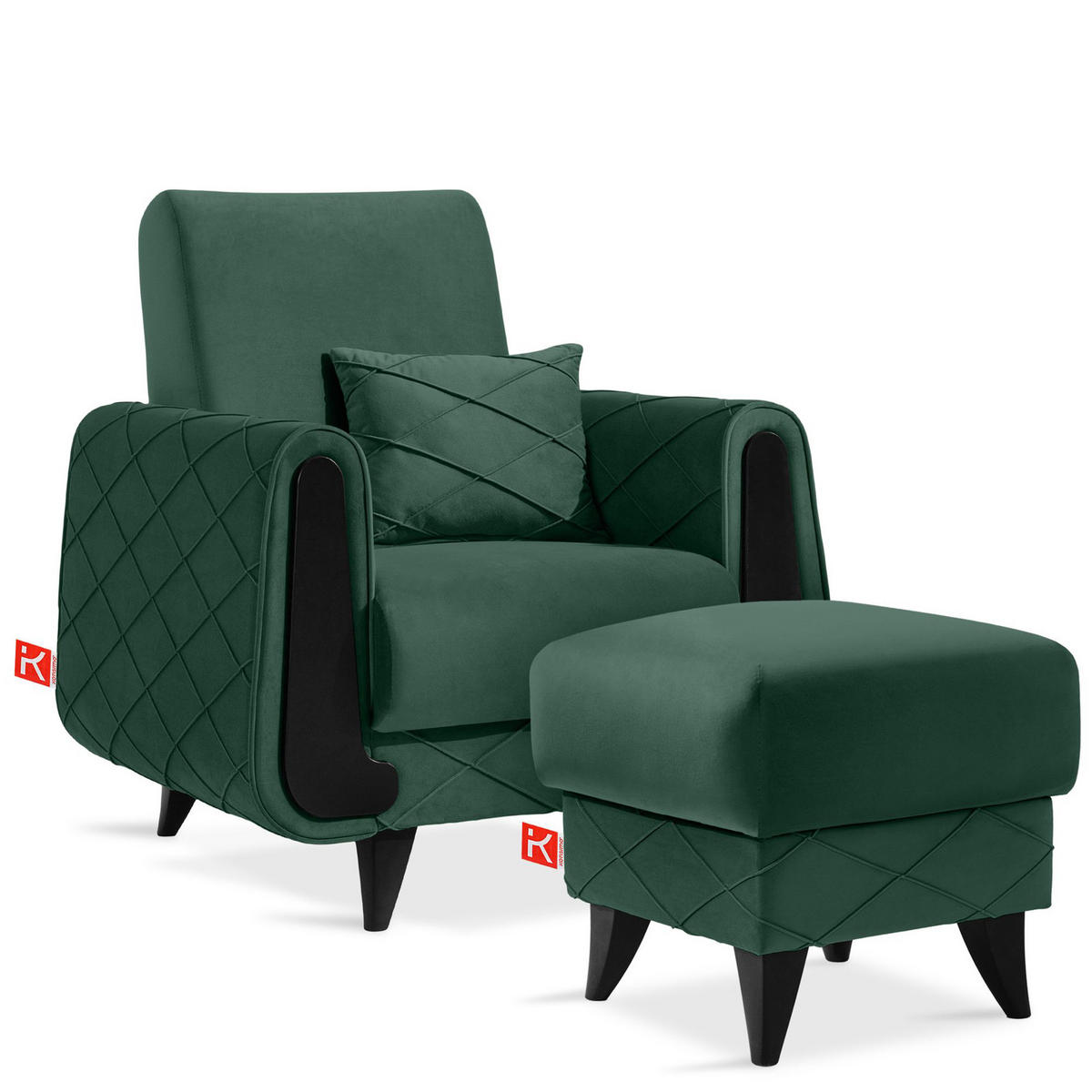 HOCKER GUSTAVO III Fußstütze, Velours, Dunkelgrün - Dunkelgrün, Holz/Holzwerkstoff (53/49/53cm) - KONSIMO®