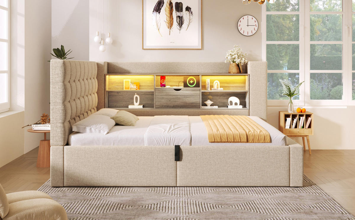 POLSTERBETT 90/200 cm Beige aus Leinen mit Stauraum und LED - Beige, Textil (90/200cm) - OKMYHOME