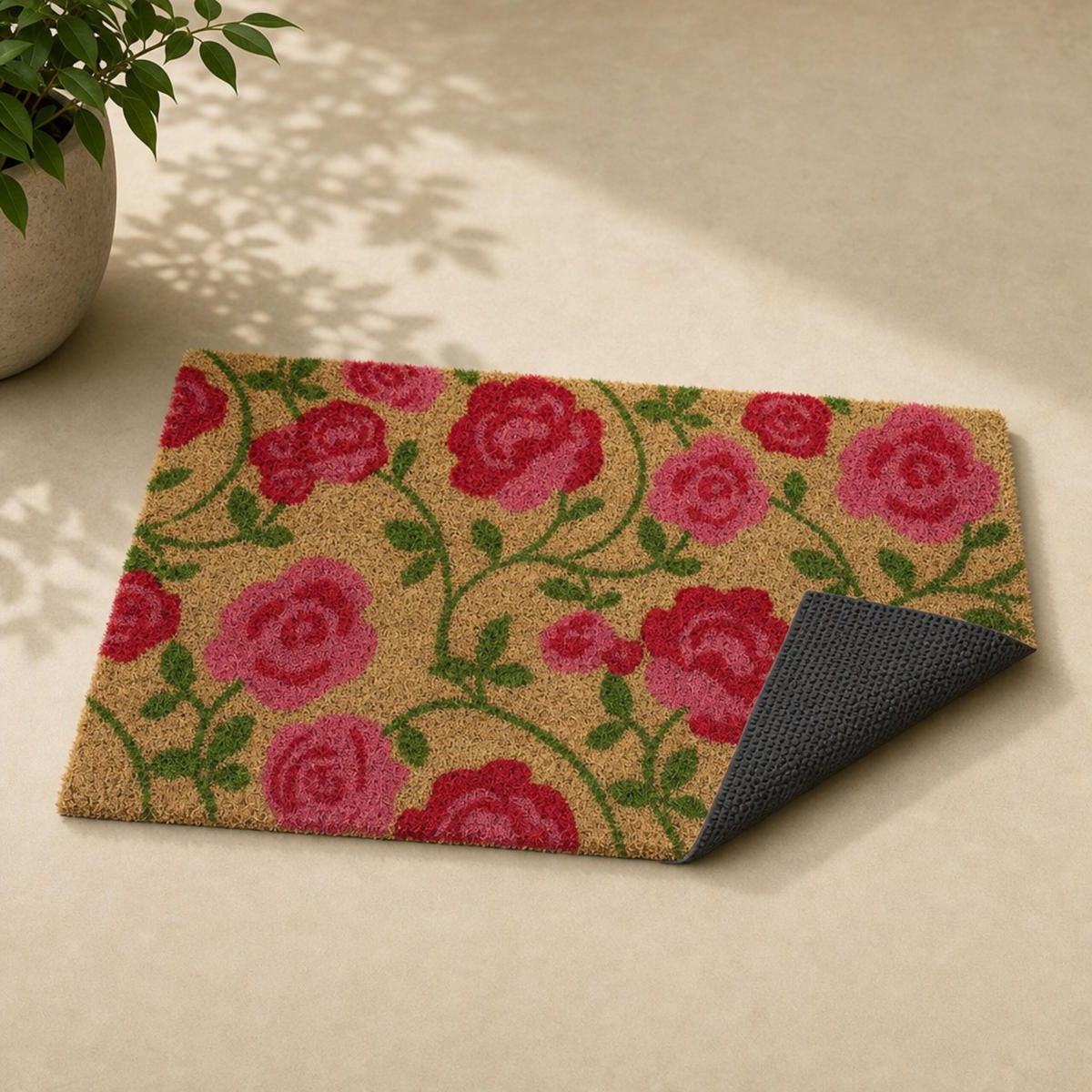 FUSSMATTE Natur Kokos Rosenmotiv rutschfest 60x40 cm - Multicolor, Kunststoff/Textil (60/40cm) - Relaxdays