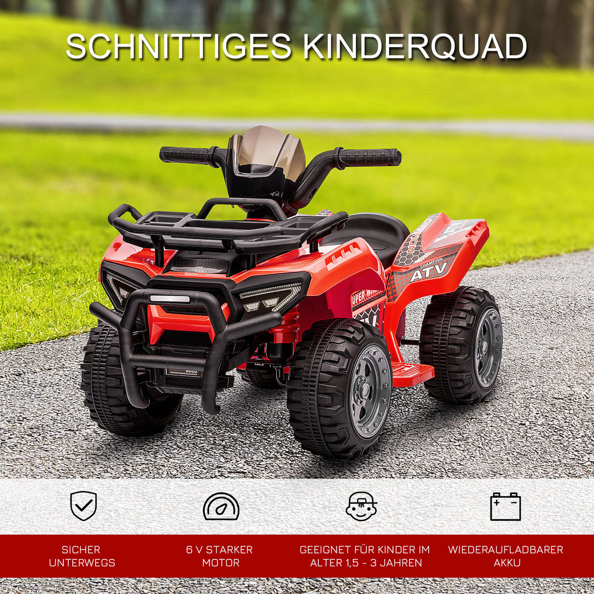MINI ELEKTRO-QUAD KINDER, Schwarz/Grün/Rosa/Rot, Metall+ PP-Kunststoff - Rot, Metall (70/42/45cm) - HOMCOM