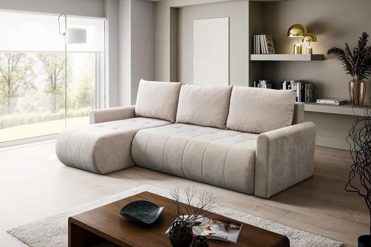 ECKSOFA Sprento Beige, in Chenille-Stoff, mit Schlaffunktion und Bettzeugfach - Beige, Holzwerkstoff/Textil (230/149cm) - Bettso