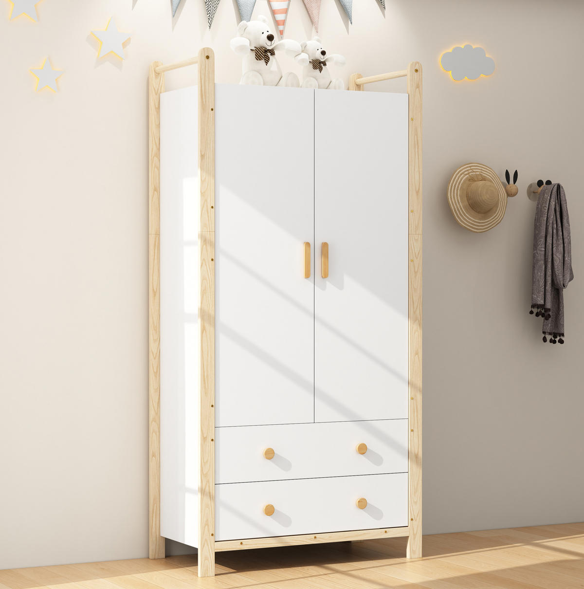 KLEIDERSCHRANK aus Kiefernholz und Spanplatte 89,6x44x180,5 cm Natur/Weiß mit Kleiderstange und 2 Schubladen - Naturfarben, Holzwerkstoff (90/180/45cm) - Modfu