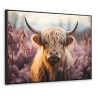 LEINWAND Bilder mit Rahmen - Schottischer Hochländer - Frühling - Hochland - 70x50 - Hellrosa, Textil (70/50cm) - MuchoWow