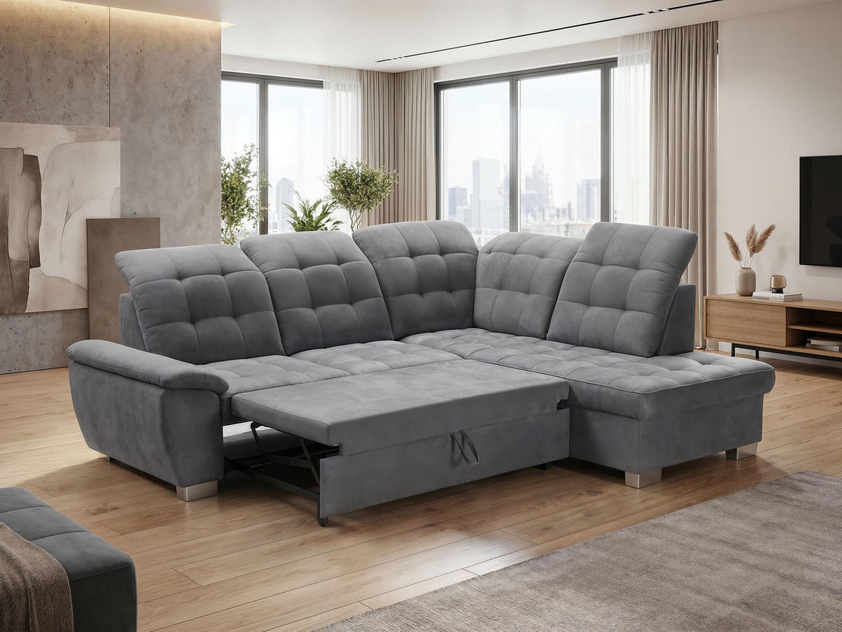 ECKSOFA LENO Rechts, mit Schlaffunktion und Bettkasten, Grau - Grau, Kunststoff/Textil (261/220cm) - Idohome