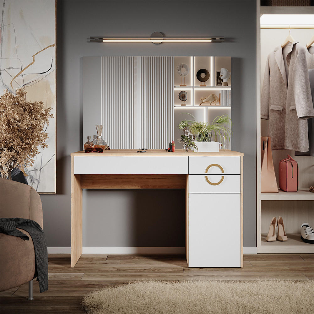 SCHMINKTISCH Adela Natural Rockford Hickory 115 cm mit Spiegel - Weiß/Sonoma Eiche, Holzwerkstoff (115/76.4/55cm) - Vicco