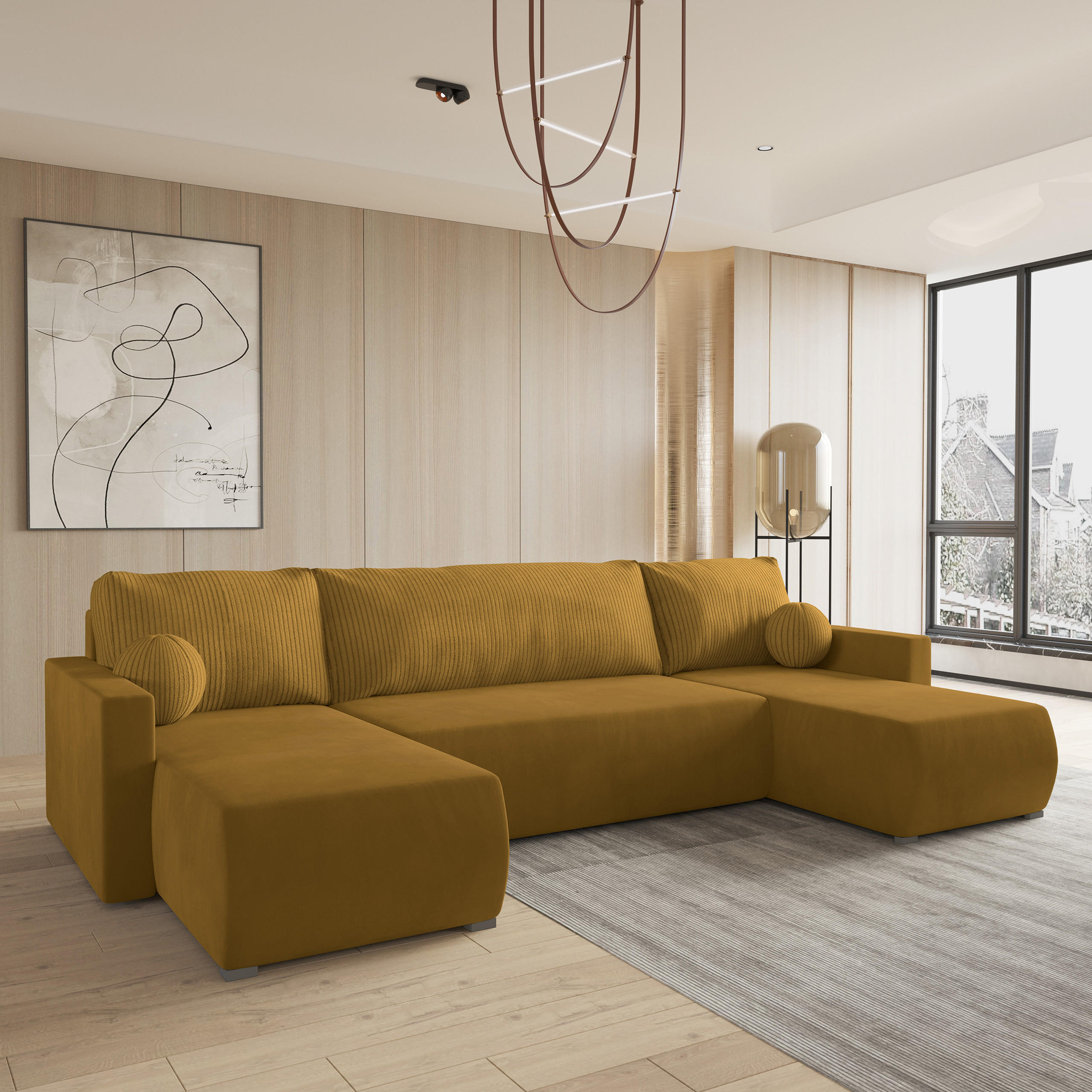 WOHNLANDSCHAFT TESSUN Gelb Plüsch-Stoff mit Schlaffunktion - Gelb, Holz (286/85/143cm) - MASSENO