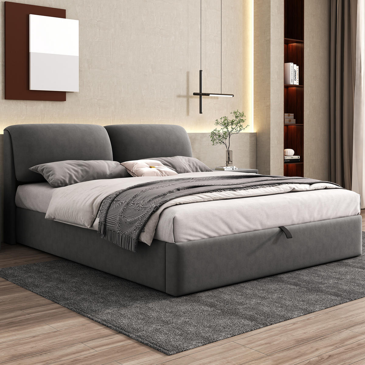 ČALÚNENÁ posteľ, 160/200 cm, zamat sivá, s hydraulickým úložným priestorom a 3 zásuvkami - sivá, textil (160/200cm) - BEAOK