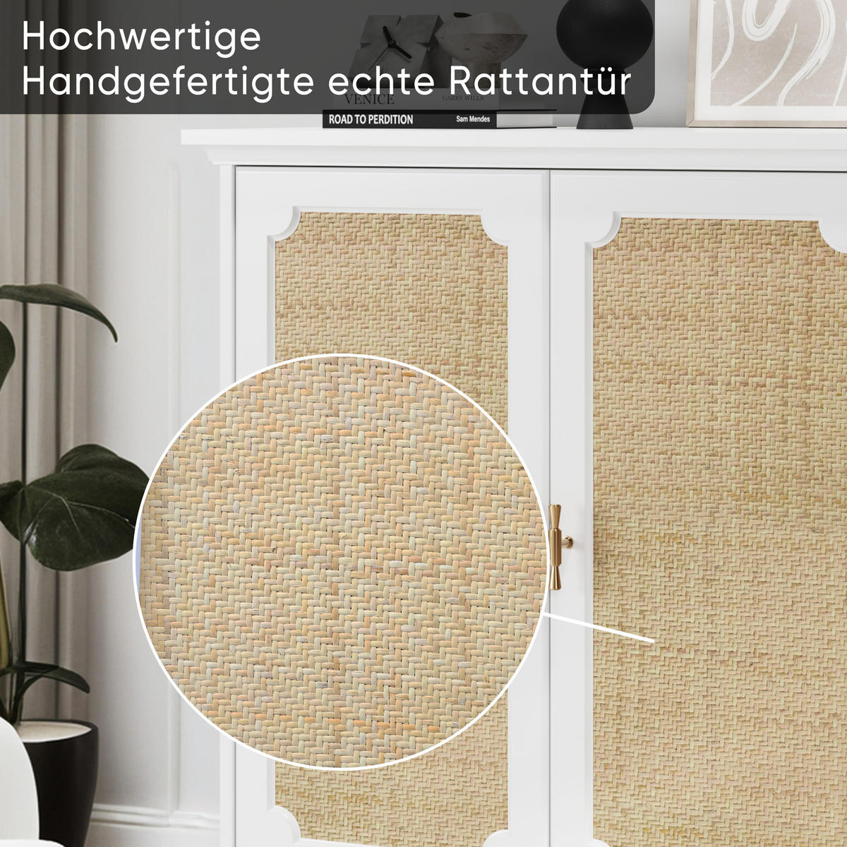 SIDEBOARD DE-38842 80/38/86 cm 2 Rattantüren und verstellbare Böden Natur - Weiß, Holzwerkstoff (80/86/38cm) - ComfortXL