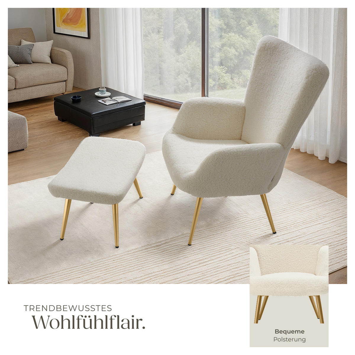 SESSEL Hygge,72 x 76 x 100,5 cm,Bouclé creme/gold - Goldfarben/Creme, Kunststoff (72/100.5/76cm) - tectake