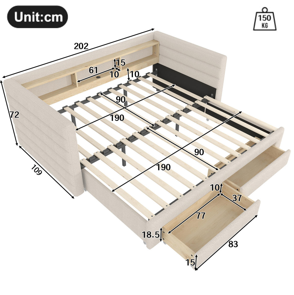 SAMT-POLSTERBETT 90/190 cm mit LED-Beleuchtung und Stauraum in Beige - Beige, Textil (90/190cm) - BEAOK
