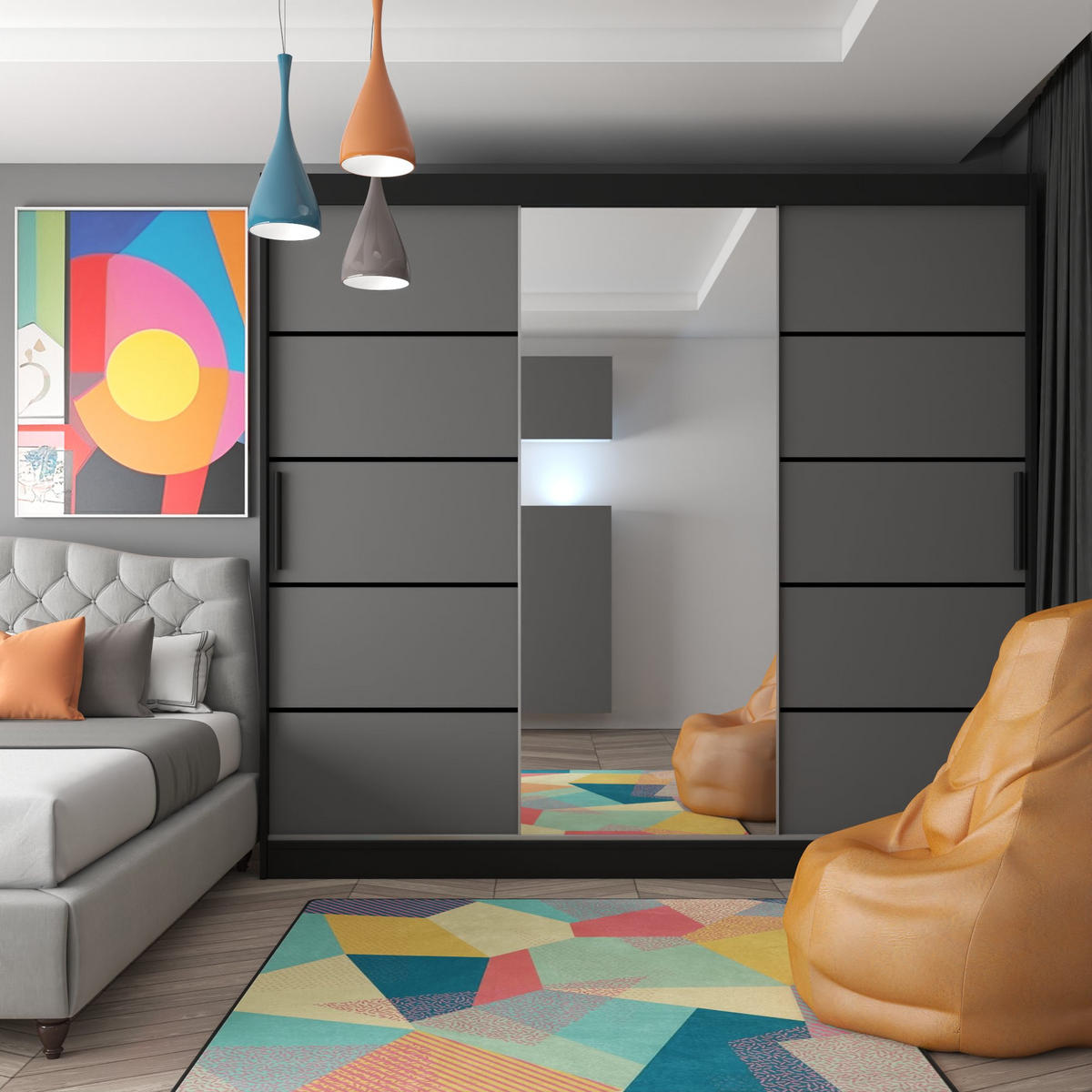 SCHWEBETÜRENSCHRANK Verona MBP, Schwarz/Grau Matt, 232 cm, mit Spiegel - Grau, Holz (232/216/60cm) - B BELINI GROUP