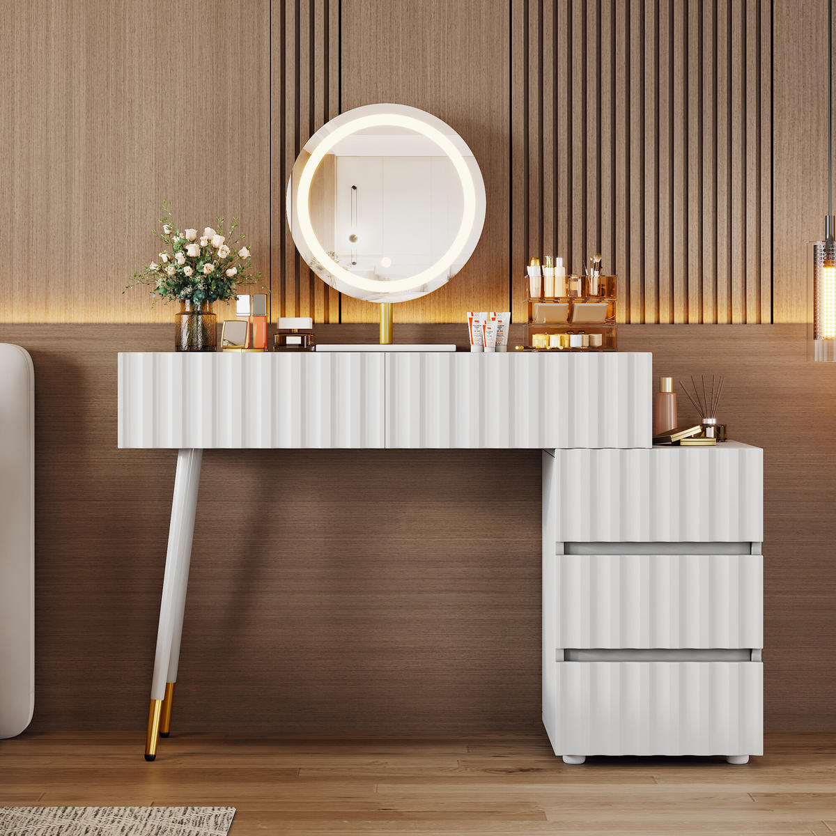 SCHMINKTISCH mit LED-Spiegel und Schubladen Weiß - Weiß, Holzwerkstoff (40/127/100cm) - Urban Meuble