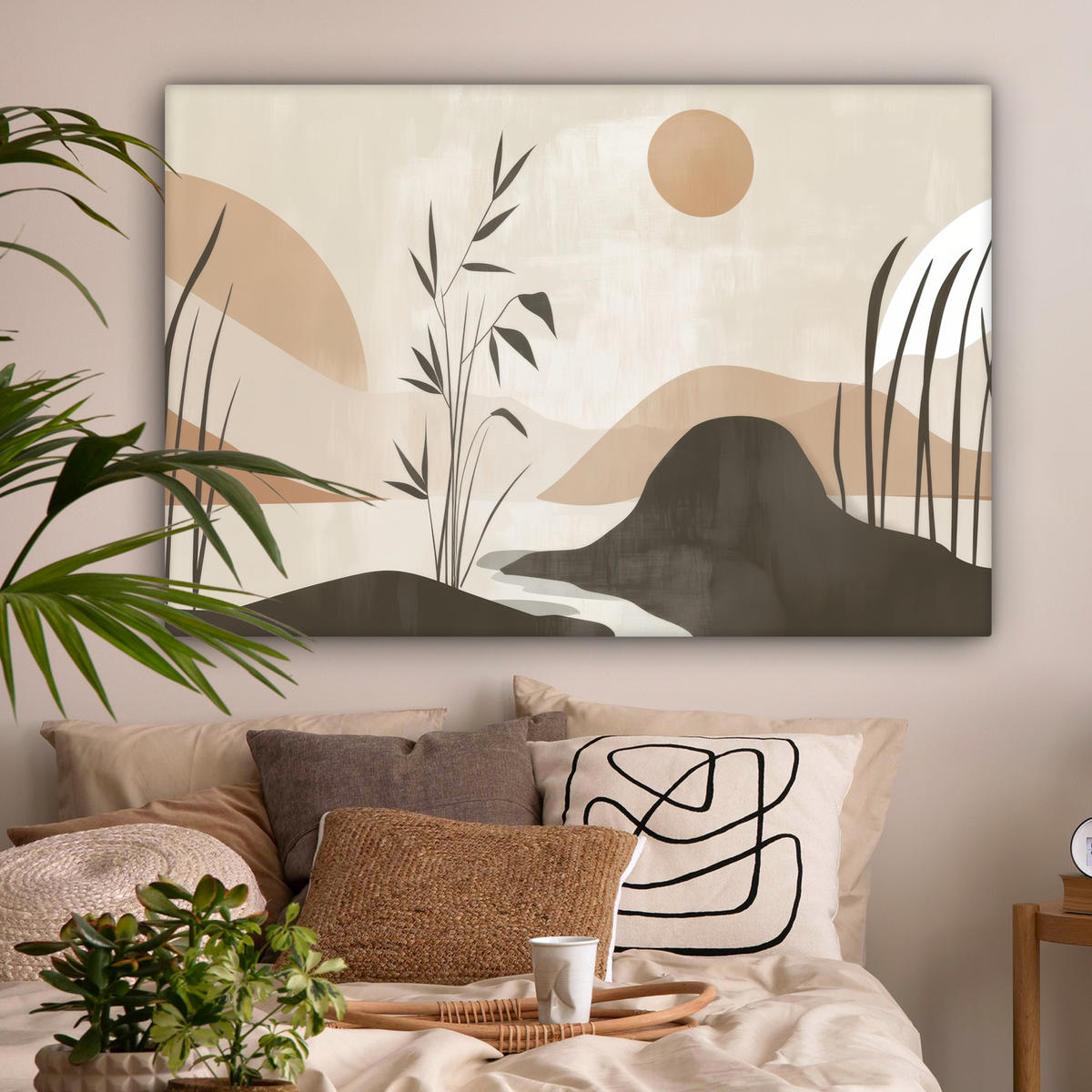 LEINWANDBILD Japandi - Landschaft - Beige XXL 150x100 cm - Cognac, Textil (150/100cm) - MuchoWow