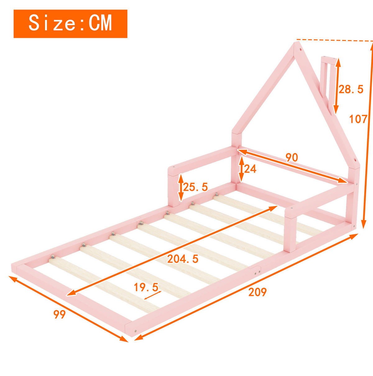 KINDERBETT 90/200 cm in Rosa aus Kiefer massiv in Hausform - Rosa, Holz (90/200cm) - Flora Grace