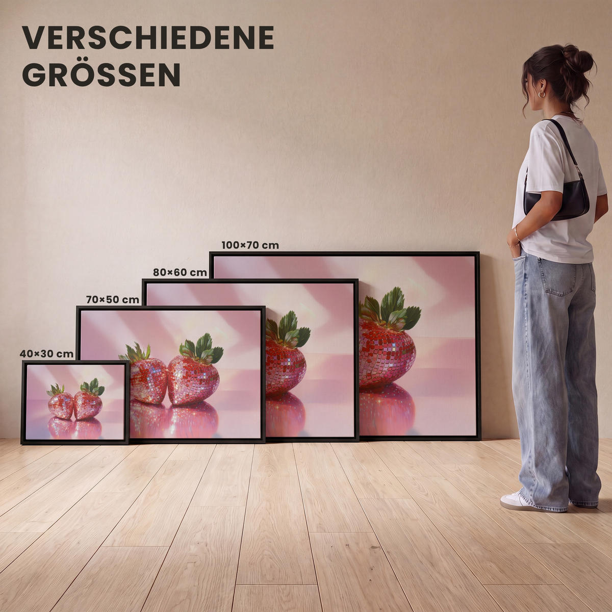 LEINWAND Bilder mit Rahmen - Disco - Obst - Glitzer - Erdbeere - 100x70 - Pink, Textil (100/70cm) - MuchoWow