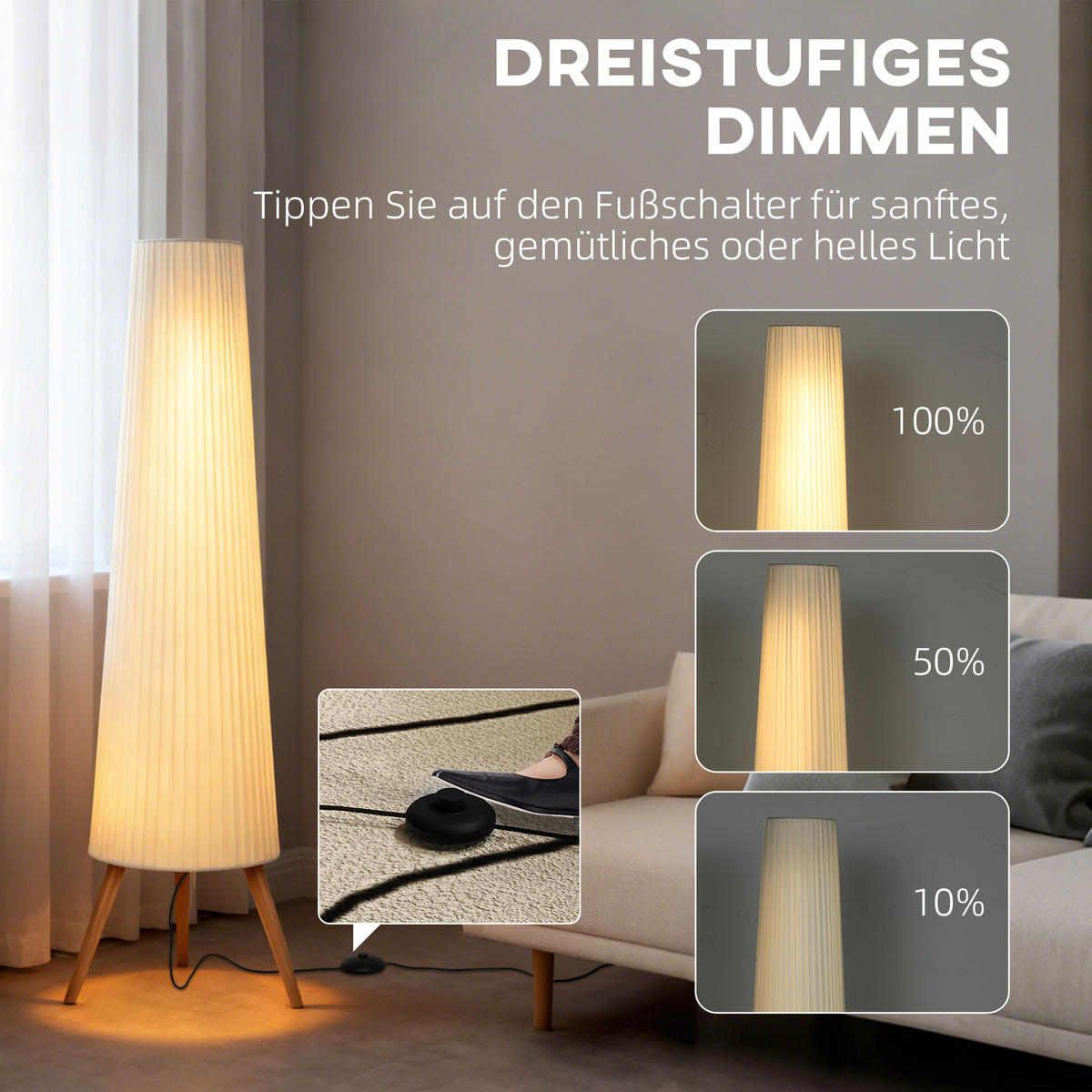 STEHLAMPE Led Dimmbar Fußschalter - Weiß, Holz (46/46/153cm) - HOMCOM