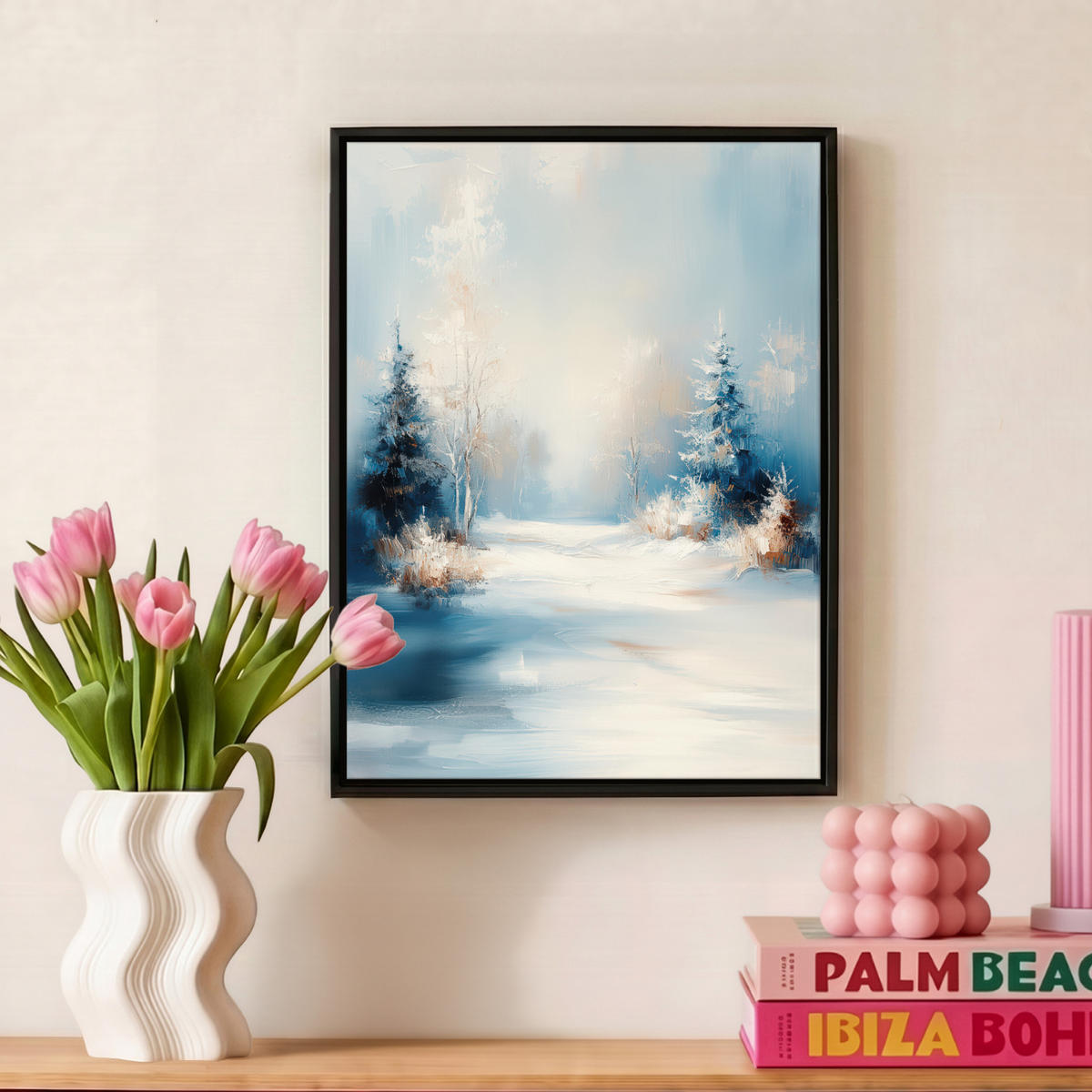 LEINWAND Bilder mit Rahmen - Wald – Winter – Natur – Abstrakt – Schnee - 30x40 - Weiß, Textil (30/40cm) - MuchoWow